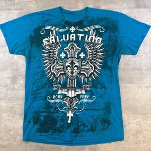 Salvation Born Free Graphic T-Shirt Blue Winged Cross Gothic MMA Mens Medium